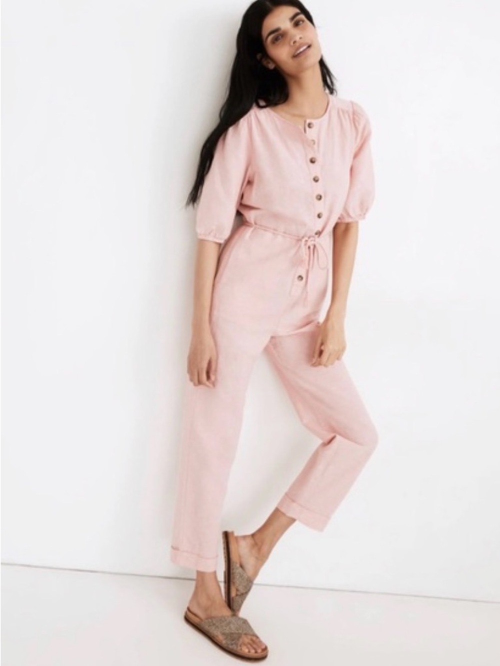 Madewell Linen Pink Button-Front Jumpsuit with Tie Waist